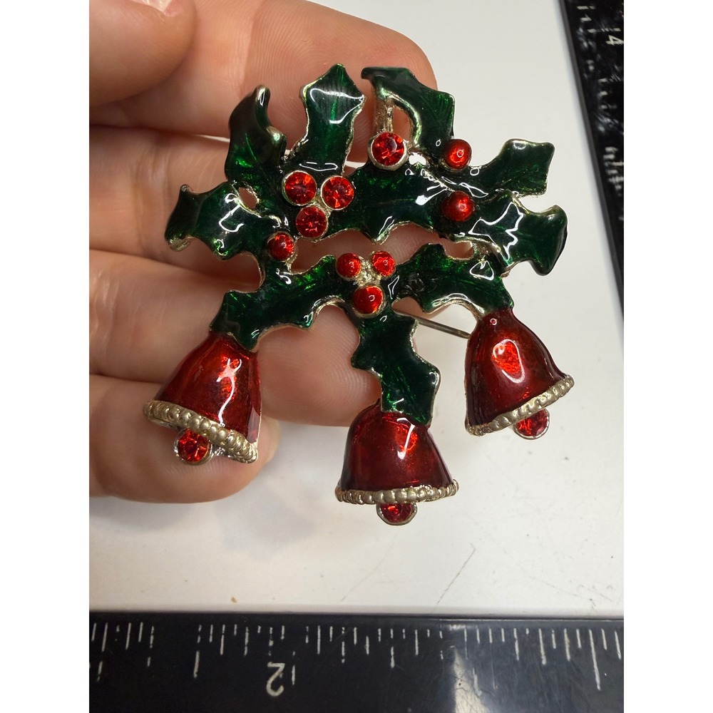 Christmas Holly Bells Brooch Red Enamel Rhinestone Gold Tone Holiday Pin Pendant